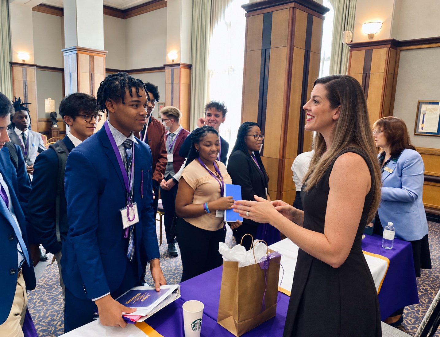 Maddie Brown in conversation with students